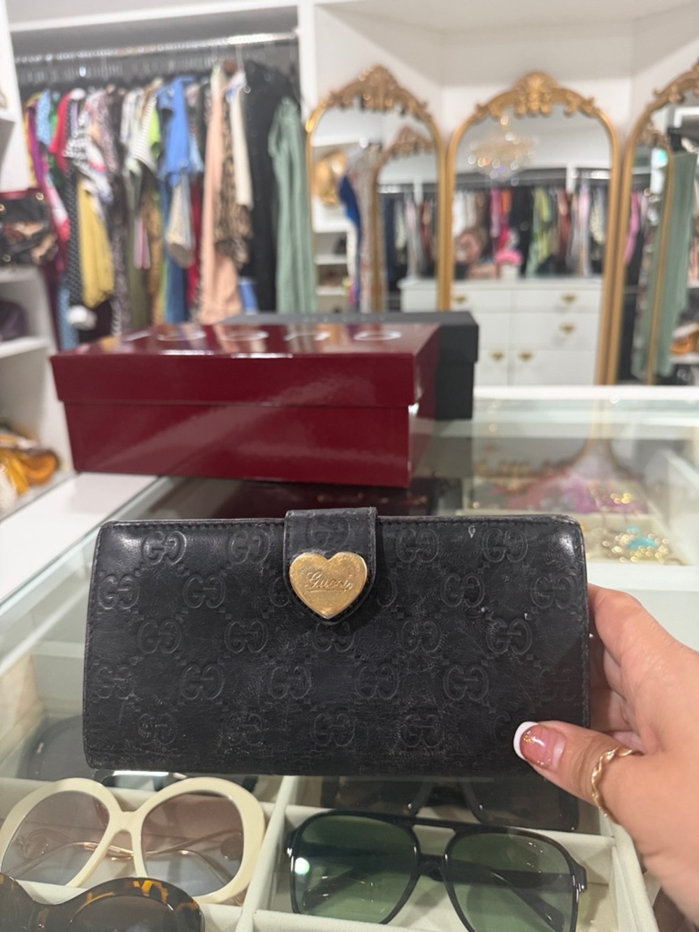 Gucci Black GG-Embossed Leather Wallet with Gold Heart Snap